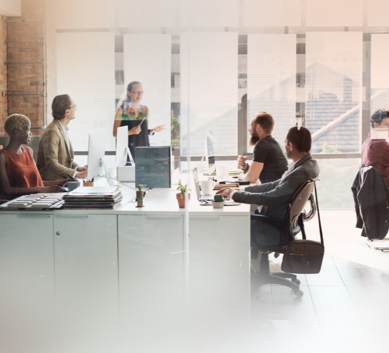 Image showing lady standing and discussing with colleagues