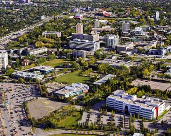 A landscape shot of buildings and greenery